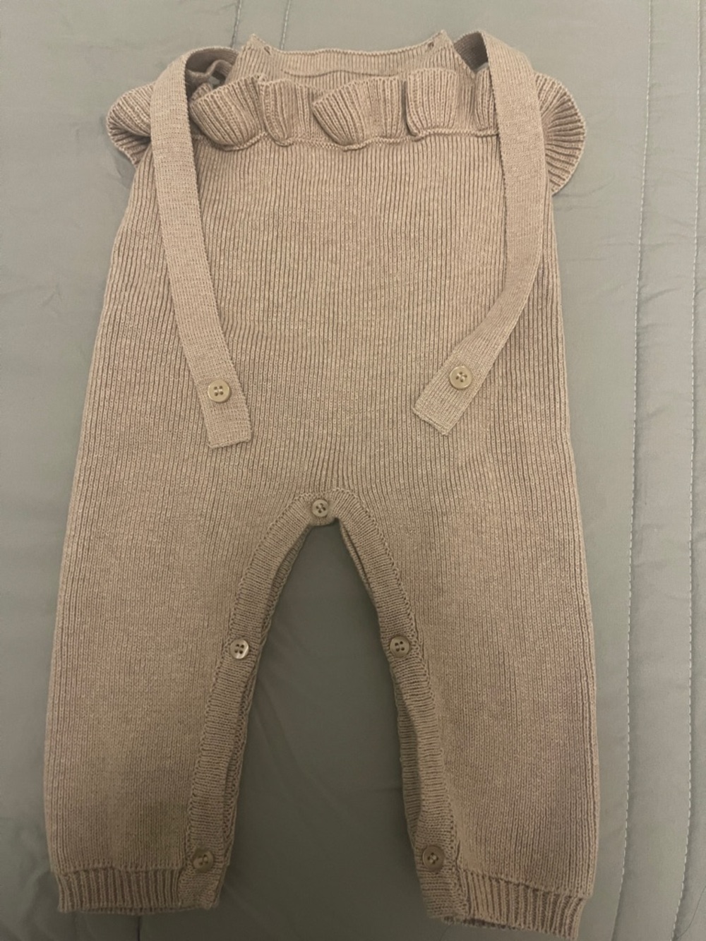 Mayoral Neutral Knit Romper with Ruffle Trim - Beige